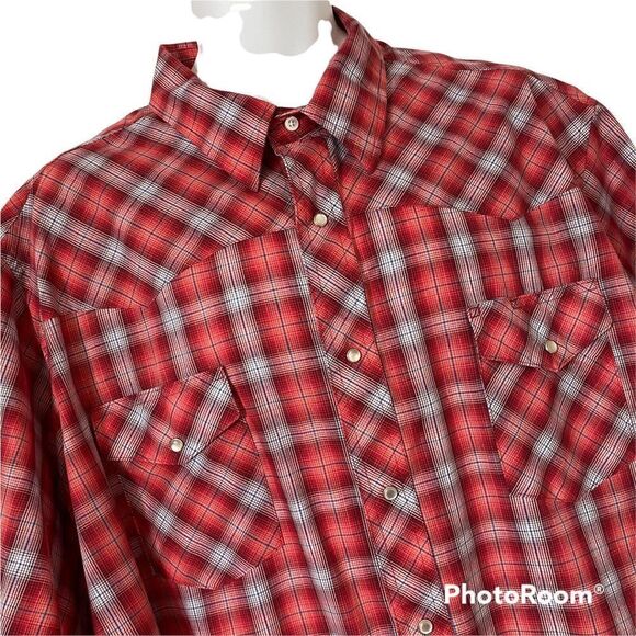Wrangler Men's Western Shirt 3XL Pearl Snap Plaid Red White Blue Short Sleeve - Picture 2 of 4
